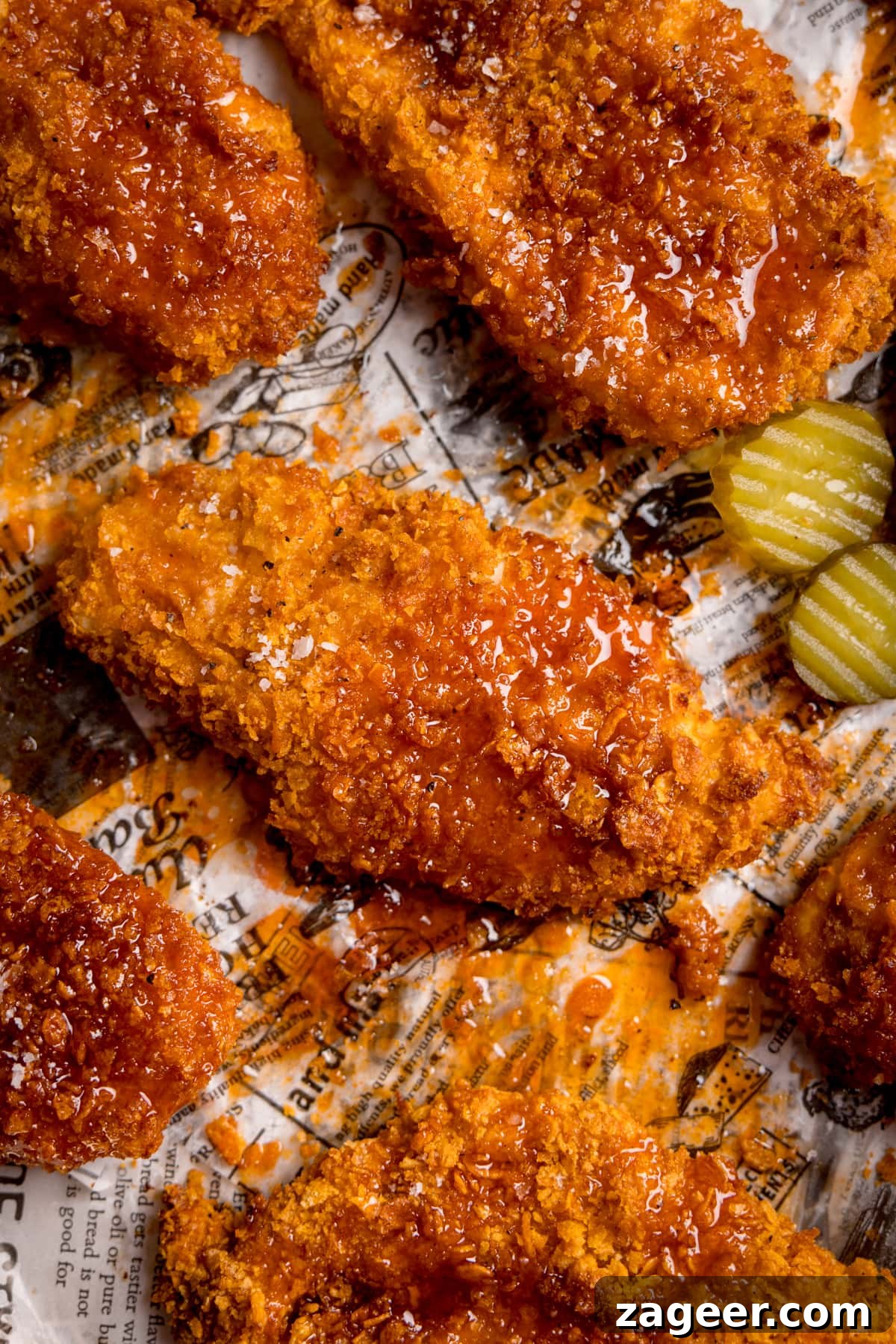 Spicy Honey-Glazed Chicken Recipe 7 Overhead close-up image of crispy baked chicken breast fillets on a baking tray with sliced pickles. The chicken has been drizzled with hot honey sauce.
