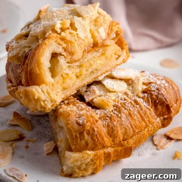 Fluffy Cinnamon Rolls Recipe for Soft, Homemade Swirls 11 An almond croissant sliced in half and stacked on a white plate.