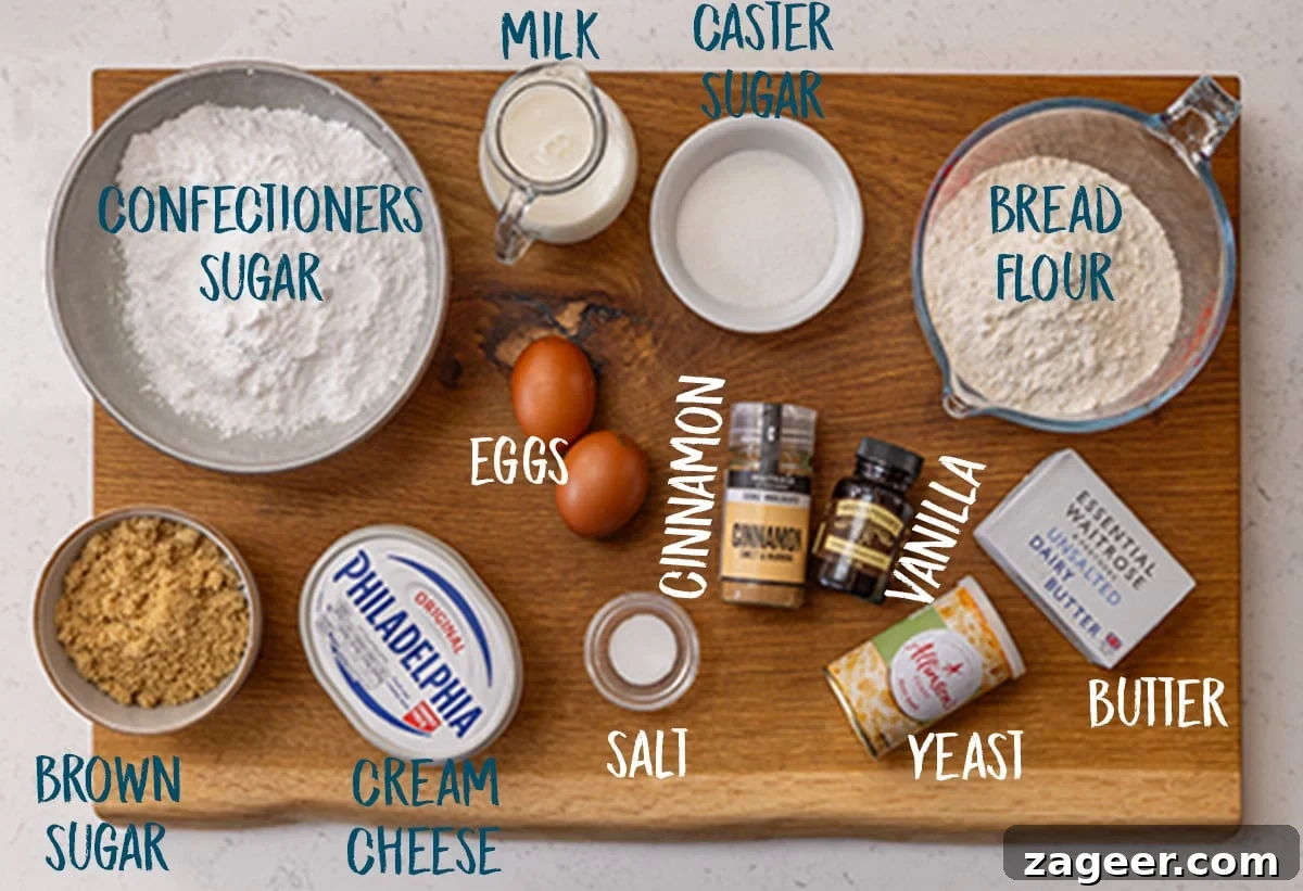 Fluffy Cinnamon Rolls Recipe for Soft, Homemade Swirls 3 overhead picture of Ingredients for cinnamon rolls on a wooden board.
