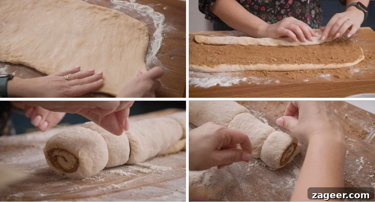 Fluffy Cinnamon Rolls Recipe for Soft, Homemade Swirls 4 4-image collage showing how to shape, roll and cut dough for cinnamon rolls.