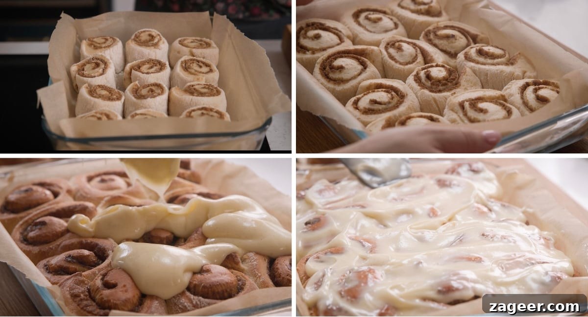 Fluffy Cinnamon Rolls Recipe for Soft, Homemade Swirls 5 4-image collage showing cinnamon rolls before and after proving and how to frost the cinnamon rolls.