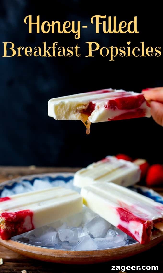 Honey-Filled Breakfast Popsicles with Yogurt and Fruit 2 Honey-filled breakfast popsicles. A healthy and fun summer breakfast for the whole family.