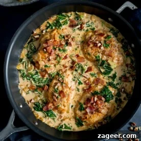 Overhead photo of creamy chicken dijon in a pan.