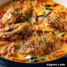 Creamy Tuscan Chicken in a dark pan