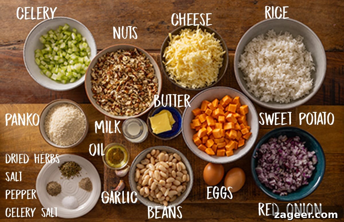 Savory Vegetarian Nut Roast Recipe for Holiday Dinners 4 Labelled ingredients for a vegetarian nut roast on a wooden board
