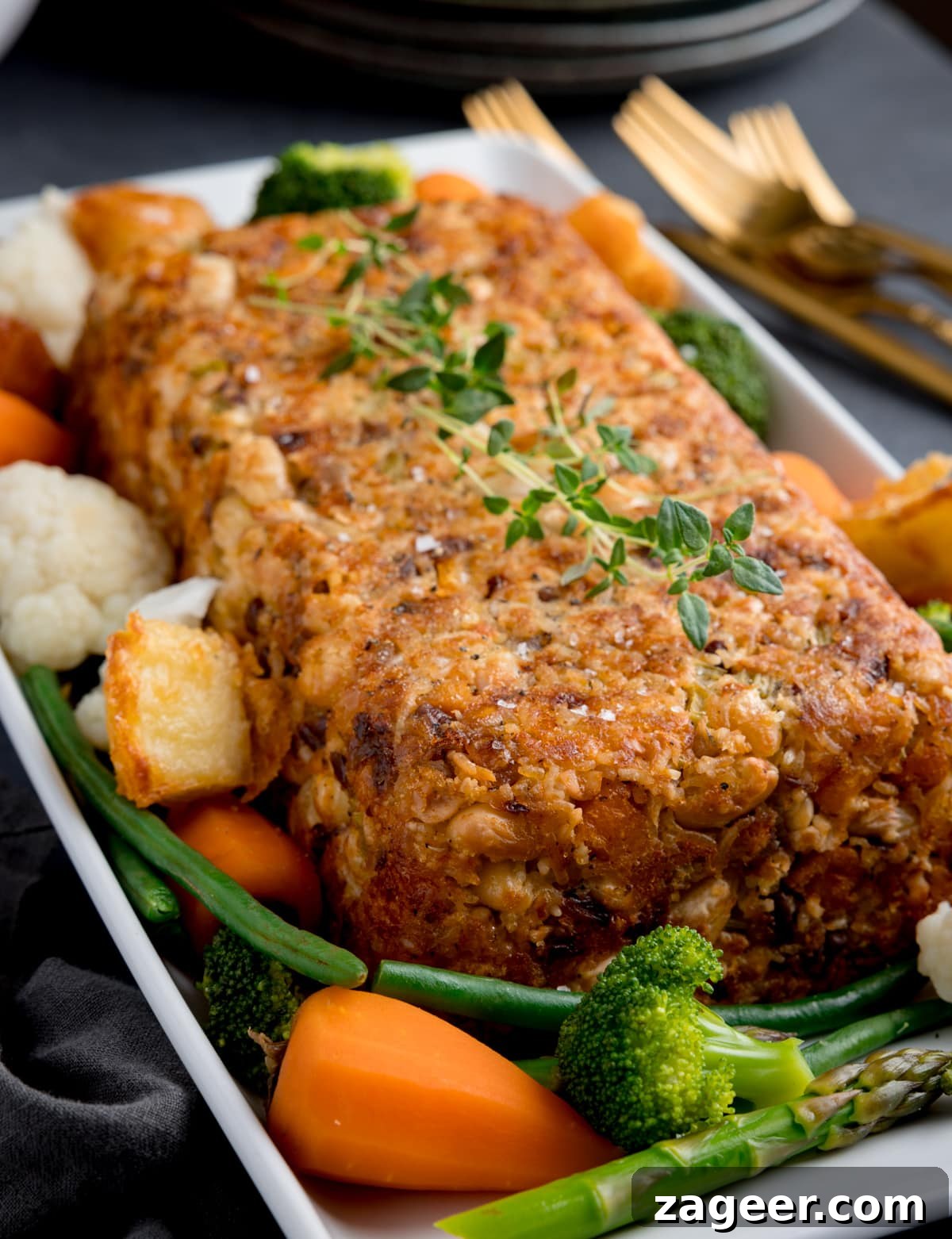 Savory Vegetarian Nut Roast Recipe for Holiday Dinners 5 Nut roast topped with fresh thyme surrounded by roast vegetables