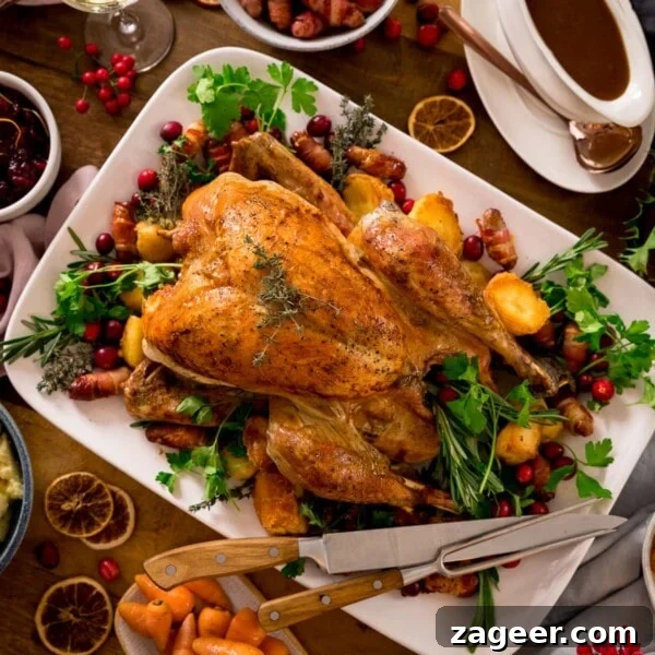 Christmas Cake Decorating Ideas for a Festive Finish 17 Roast turkey on a white plate surrounding by garnishings of herbs, cranberries and Christmas dinner side dishes