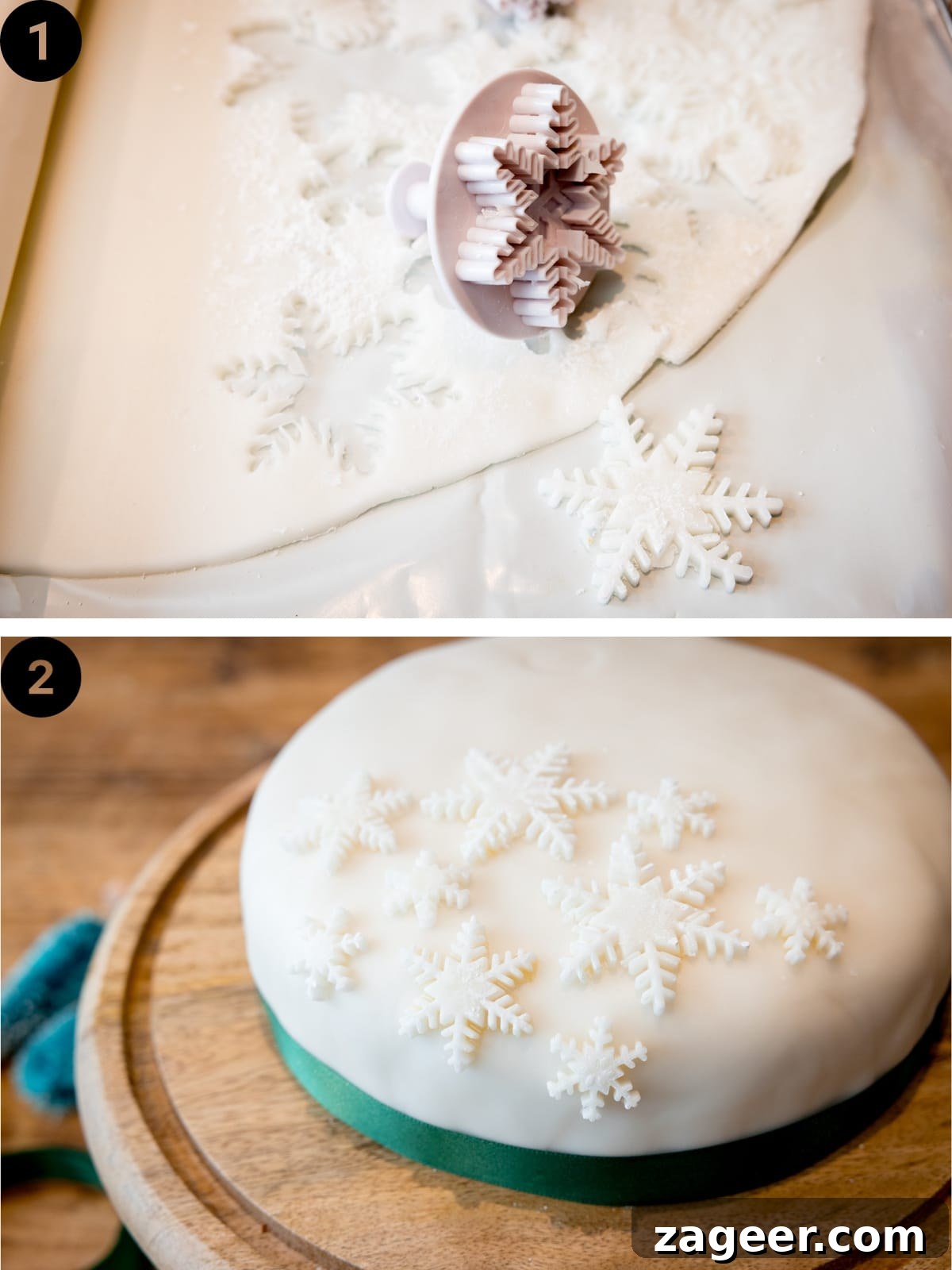 Christmas Cake Decorating Ideas for a Festive Finish 8 A two image collage. The top image shows snowflakes being cut from fondant icing with a snowflake cutter. The bottom image shows these snowflakes arranged on an iced Christmas cake. The cake has a green ribbon around it and is sitting on a wooden cake stand.