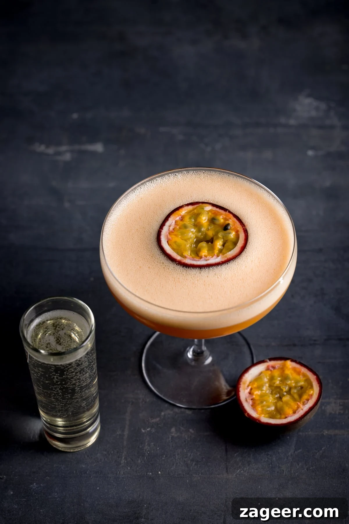 Pornstar Martini Cocktail Recipe with Passion Fruit and Prosecco 3 Close up picture of a glass full of a pornstar martini