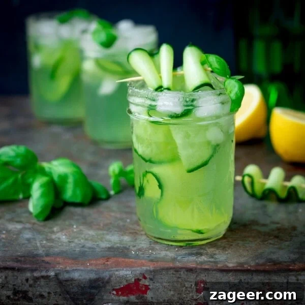 Pornstar Martini Cocktail Recipe with Passion Fruit and Prosecco 5 Square image of gin, cucumber and basil cocktails in mason jars, on a metal tray.