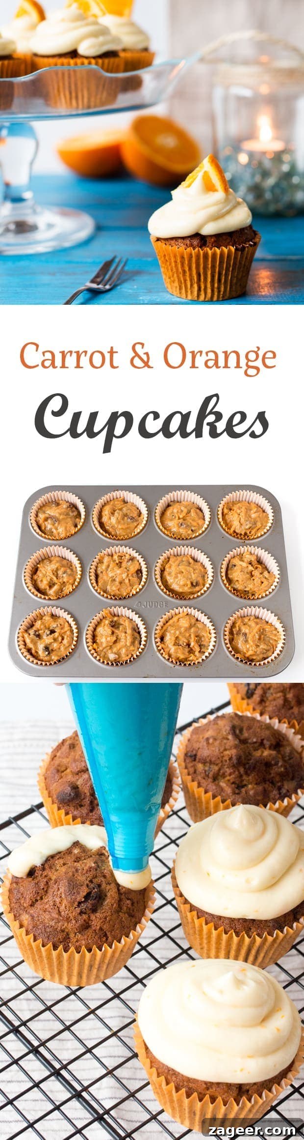 Carrot and Orange Cupcakes with Zesty Cream Cheese Frosting 7 Moist and fluffy carrot & orange cupcakes with a hint of spice and lots of juicy raisins. All topped off with a zesty cream cheese frosting and orange wedges.