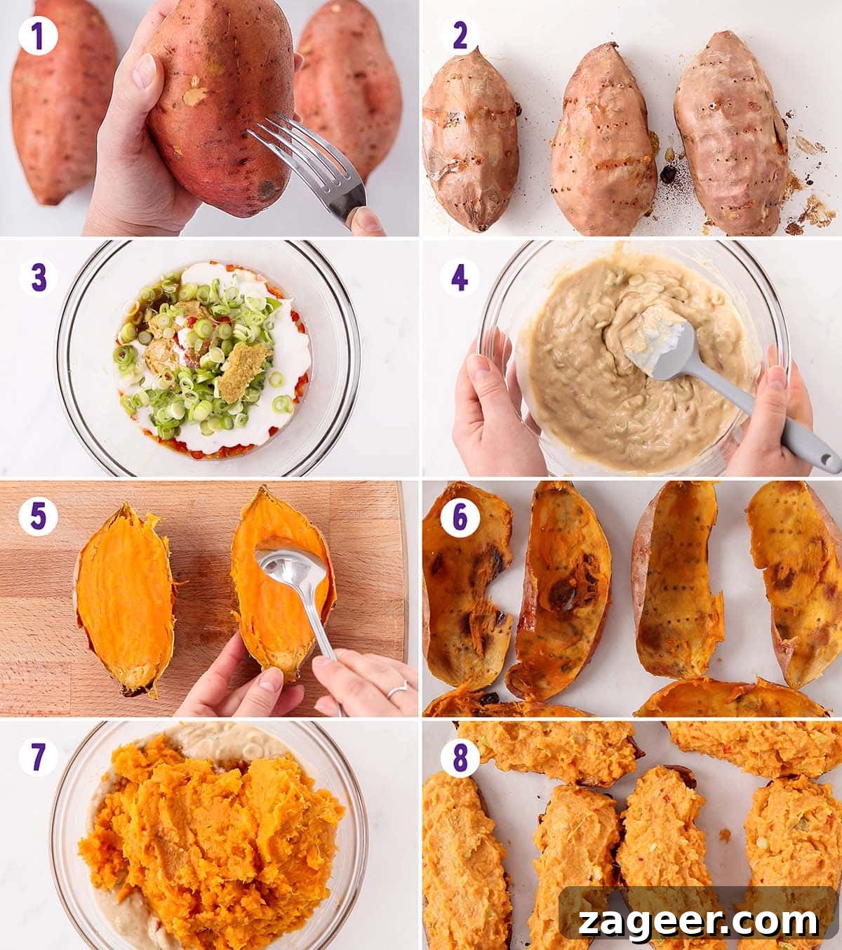 Crispy Thai-Style Sweet Potato Skins with Spicy Peanut Dip 3 8 image collage showing how to make Thai-inspired Potato Skins