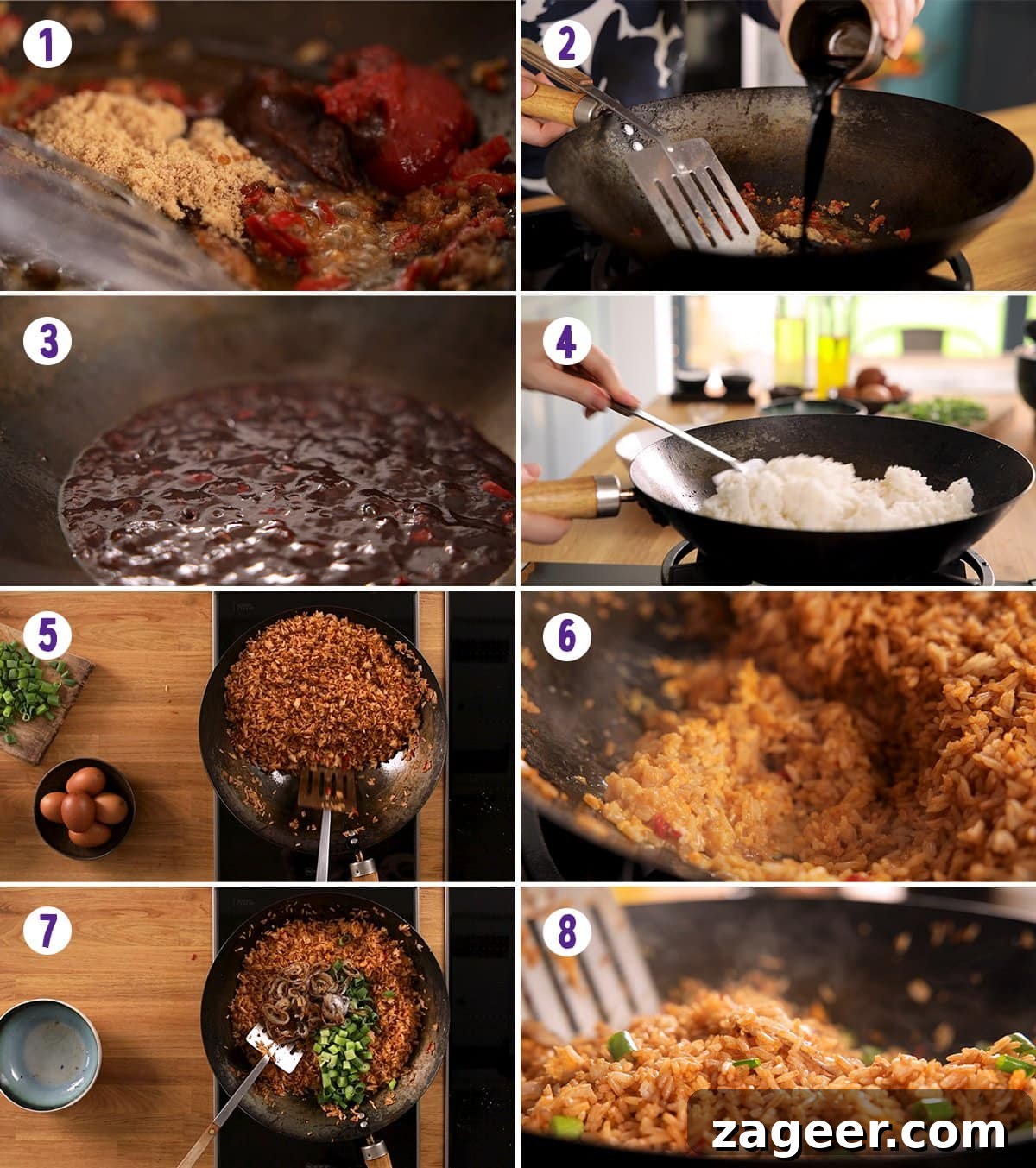 Nasi Goreng: Authentic Indonesian Fried Rice Recipe & Tips 5 8 image collage showing how to make nasi goreng