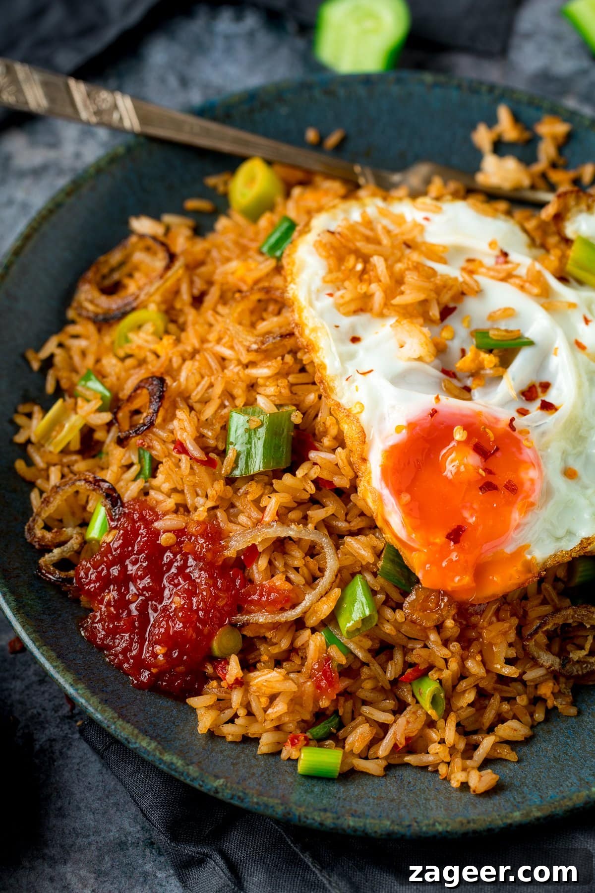 Nasi Goreng: Authentic Indonesian Fried Rice Recipe & Tips 6 nasi goreng rice on a plate, topped with a fried egg and chilli sauce
