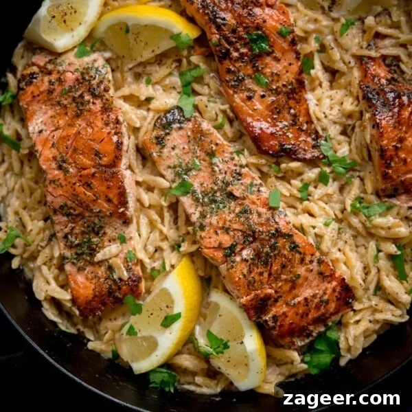 Salmon en Papillote: Steamed Baked Salmon Wrapped in Parchment 9 Square image of pan-fried salmon fillets nestled in a bed of creamy lemon orzo topped with parsley. There are lemon wedges at the edges of the pan.
