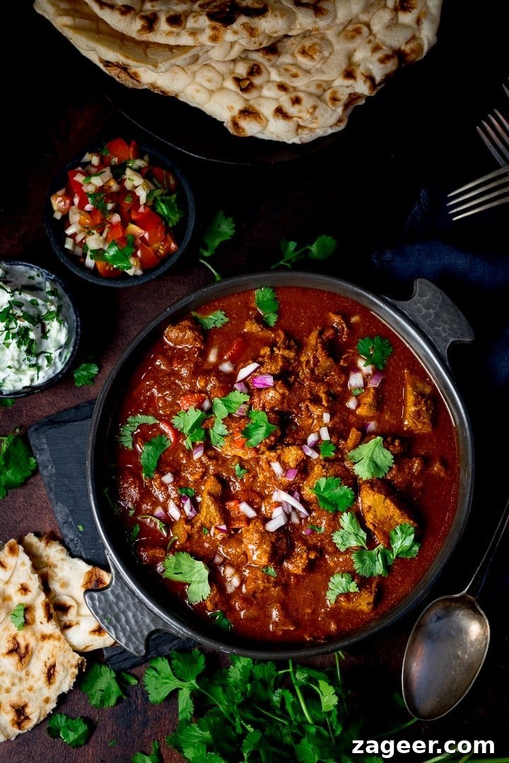 Low-Fat Slow-Cooked Spicy Beef Curry Recipe 3 Slow cooked beef curry in a dish on a dark background with ingredients scattered around