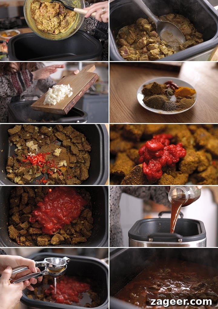 Low-Fat Slow-Cooked Spicy Beef Curry Recipe 6 Steps showing how to make lighter slow cooked beef curry