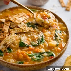 Hearty Slow Cooker Lentil Soup Recipe for Busy Weeknights 11 Red lentil soup topped with crispy tortilla strips in a brown speckled bowl. The bowl is on a light background. There is a gold spoon taking a spoonful of the soup.