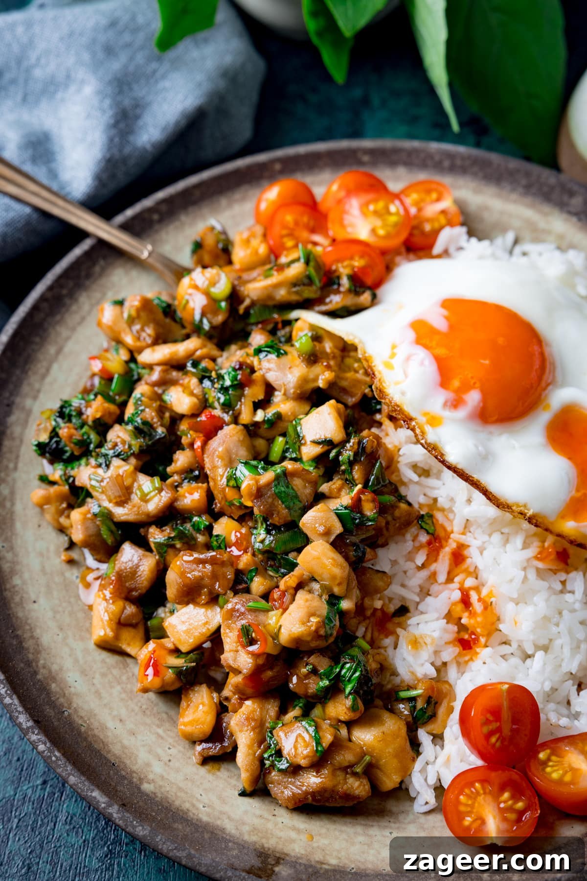 A tall close-up image of thai basil chicken served on a grey dish with rice that has a sunny side up egg on top and sliced cherry tomatoes on the top right of the dish. There is a copper fork sticking out of the dish. In the background on the top left of the image is a grey handkerchief. The image is set on a dark blue background.