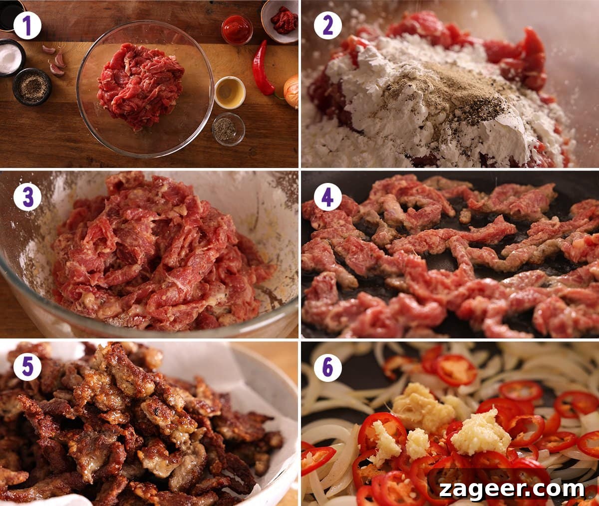 Crispy Chilli Beef Recipe with Sticky Sweet-Spicy Sauce 4 6 image collage showing the initial steps for making crispy chilli beef