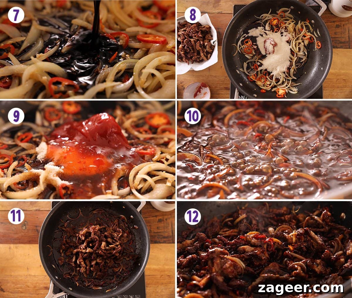 Crispy Chilli Beef Recipe with Sticky Sweet-Spicy Sauce 5 6 image collage showing how to make crispy chilli beef