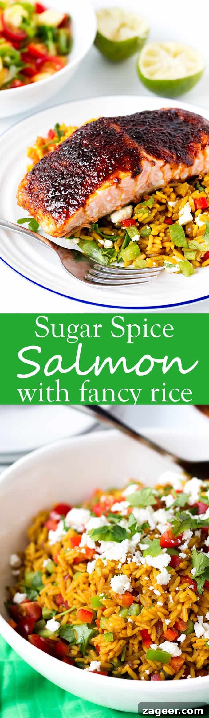 Sugar-Spiced Salmon with Herbed Pilaf Recipe 6 Spiced caramelised salmon served on a bed of savoury rice with feta and veggies. Colourful, healthy and delicious!