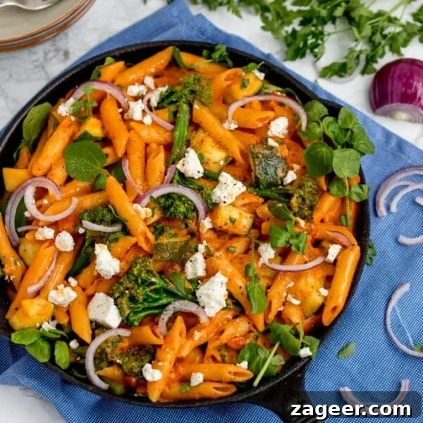 One-Pot Cheese and Tomato Pasta with Spring Vegetables and creamy feta - a fab Meat-free Monday meal!