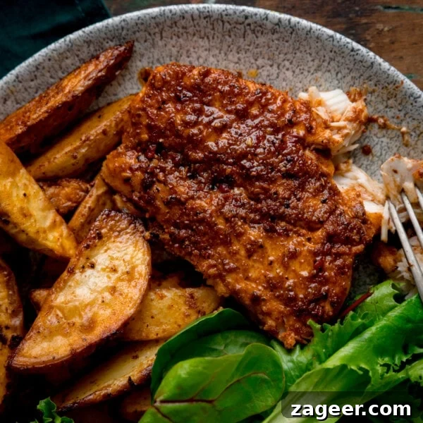 Crispy Beer-Battered Fish Recipe for Perfect Fried Fish 10 An overhead and close-up image of cajun cod, smoky potato wedges and some green salad leaves placed on a grey plate. This is on a brown background with a dark green napkin on the top left-hand side.