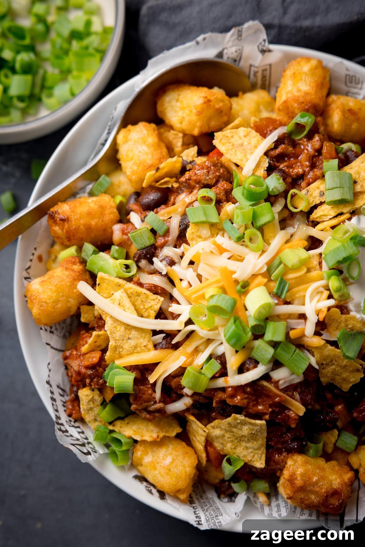 Loaded Totchos: Crispy Hash Brown Bites with Cheesy Toppings 6 A tall, overhead image of Loaded Tochos in a light grey bowl