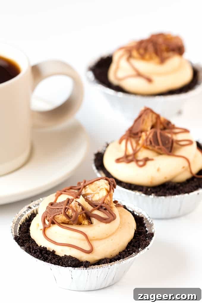 Snickers Cheesecake Bites Recipe: No-Bake Chocolate Peanut Bars 2 Mini Snickers Cheesecakes - with an Oreo base, peanut butter cheesecake and Snickers pieces. Totally addictive!