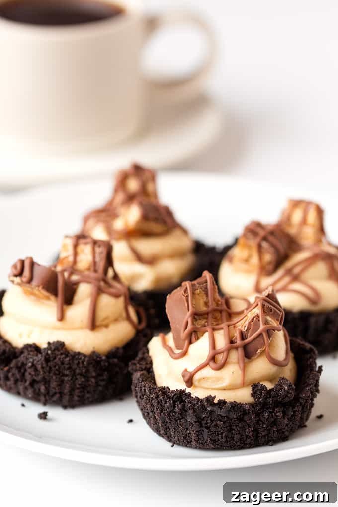 Snickers Cheesecake Bites Recipe: No-Bake Chocolate Peanut Bars 3 Mini Snickers Cheesecakes - with an Oreo base, peanut butter cheesecake and Snickers pieces. Totally addictive!
