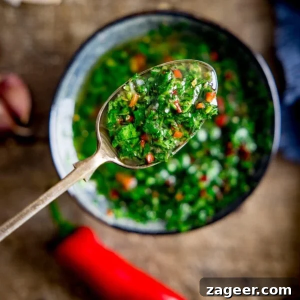 Authentic Caesar Salad Dressing Recipe You Can Make at Home 9 A spoon full of chimichurri sauve being shown woth a bowl full of chimichurri in the background out of focus.