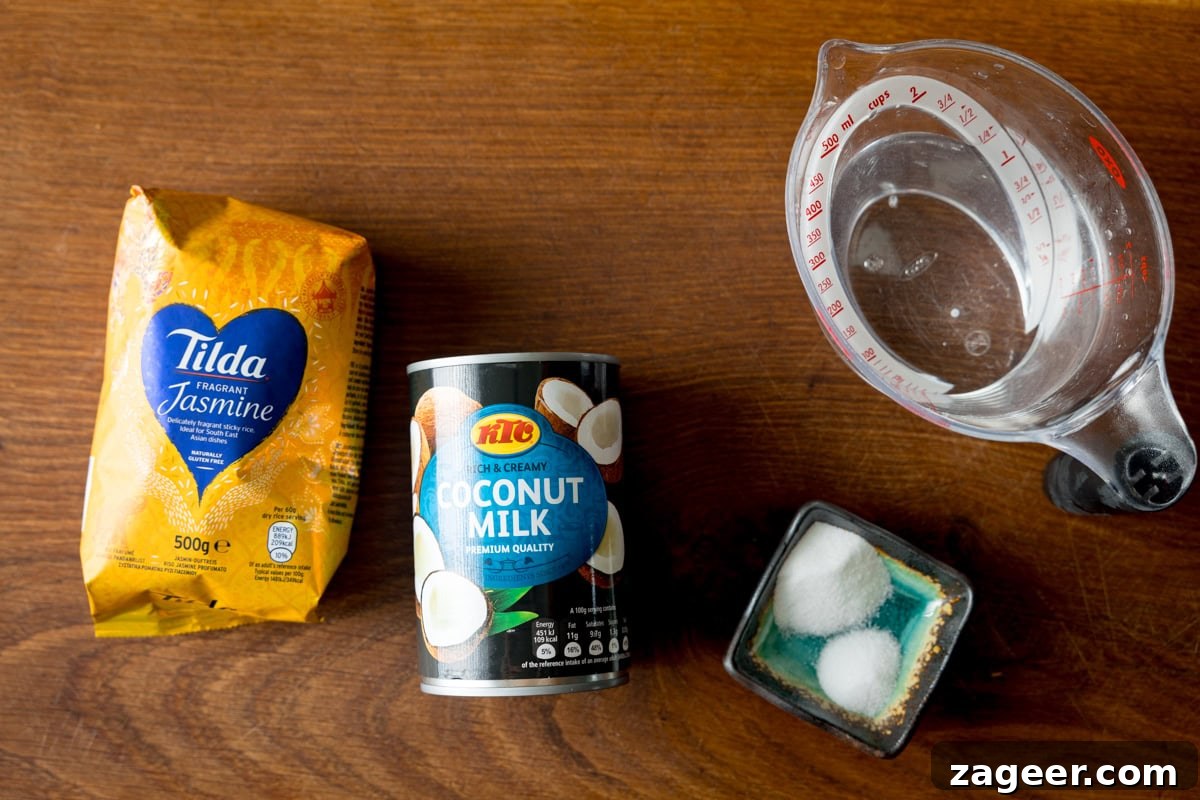 Stovetop Coconut Rice Recipe: Creamy, Fragrant Coconut Rice 3 Ingredients: Jasmine Rice, Coconut Milk, Sugar, Salt, and Water.