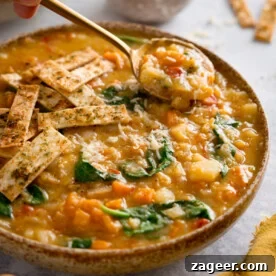 Red lentil soup topped with crispy tortilla strips.