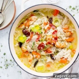 Creamy Cock a Leekie Soup with bacon and rice.