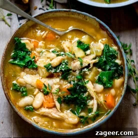 Tuscan style chicken soup with beans and kale.