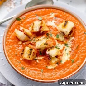 Hidden veg tomato soup with gruyere bacon croutons.