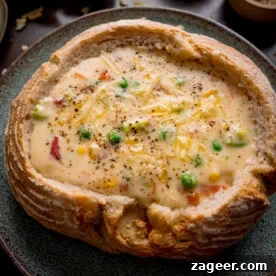 Bread bowl filled with creamy cheddar and vegetable chowder.