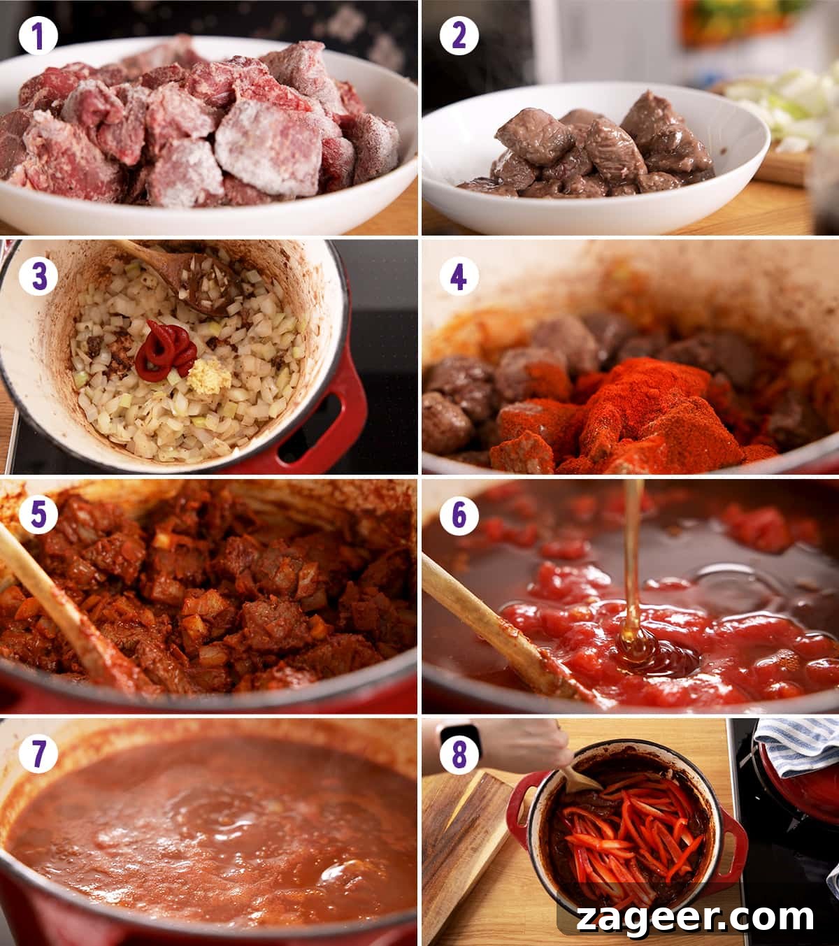 Authentic Hungarian Beef Goulash Recipe — Hearty Slow-Cooked Stew 5 8 image collage showing how to make beef goulash