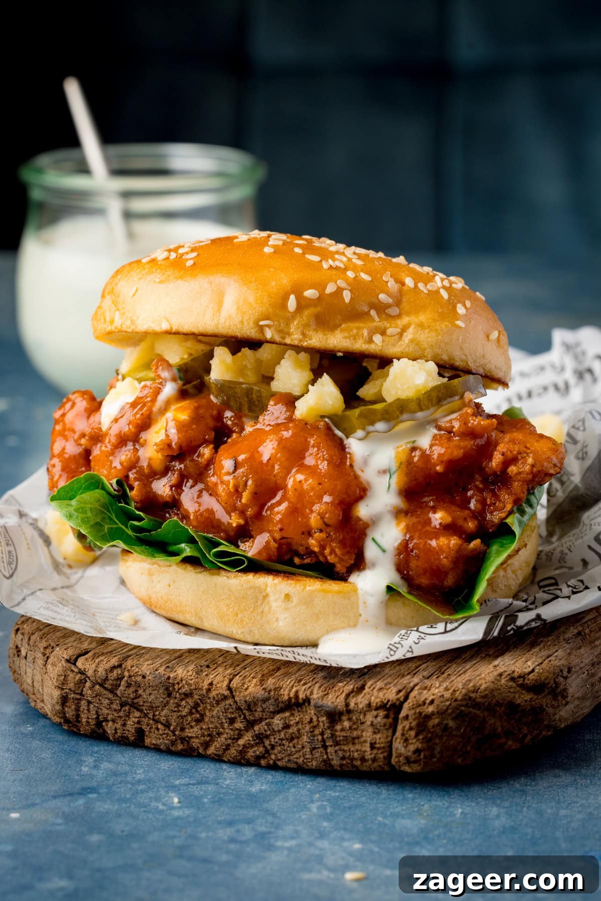 A tall image of a Buffalo Chicken Burger is placed on top of a square of black and white newspaper parchment, which is on top of a dark wooden cutting board. In the left of the background, you can see a clear glass jar of homemade ranch, with a silver spoon sticking out of it. This is all set on a navy blue background.