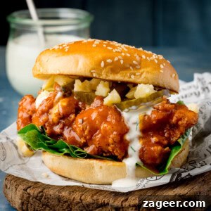 A square image of a Buffalo Chicken Burger