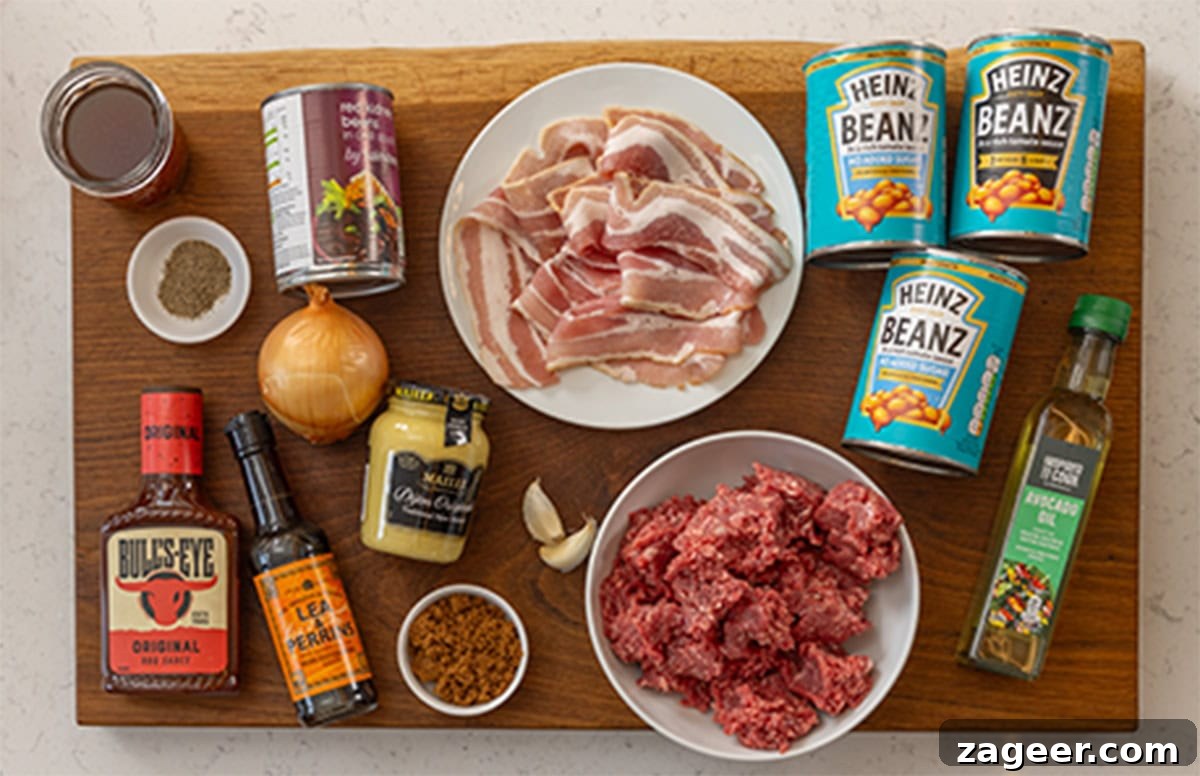 Slow-Cooked Cowboy Beans Recipe with Smoky Bacon and BBQ Flavors 3 Ingredients for cowboy beans laid on on wooden board
