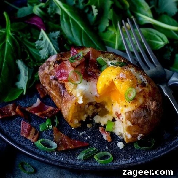 Creamy Egg Mayo Sandwich Recipe for Quick Meals 12 Square image of egg and bacon stuffed baked potato with runny egg on a dark plate