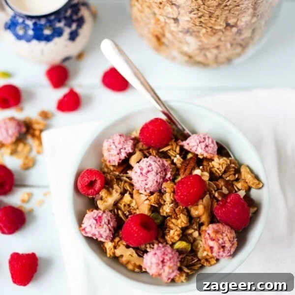 Raspberry White Chocolate Loaf Cake Recipe for Moist Dessert 11 Crunchy, coconut oil granola topped with super-quick, fresh raspberry macaroons.