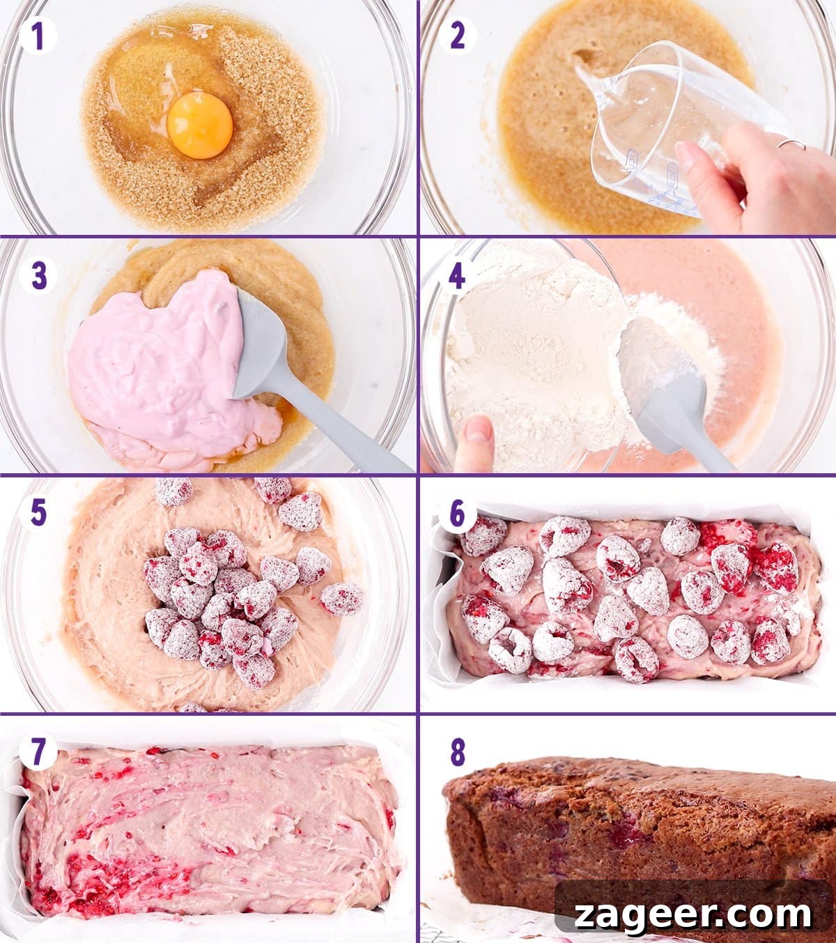 Raspberry White Chocolate Loaf Cake Recipe for Moist Dessert 3 Collage of 8 images showing the process of making raspberry and white chocolate cake.
