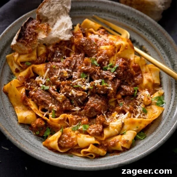 Classic Beef Bourguignon Recipe: Tender Braised Beef in Red Wine 12 Beef ragu with pappardelle in a green bowl