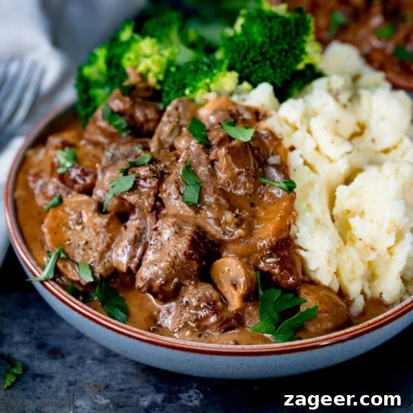 Classic Beef Bourguignon Recipe: Tender Braised Beef in Red Wine 15 Slow cooked steak diane with mushrooms and rich gravy