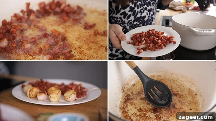 Classic Beef Bourguignon Recipe: Tender Braised Beef in Red Wine 5 4 image collage showing cooking of pancetta and shallots