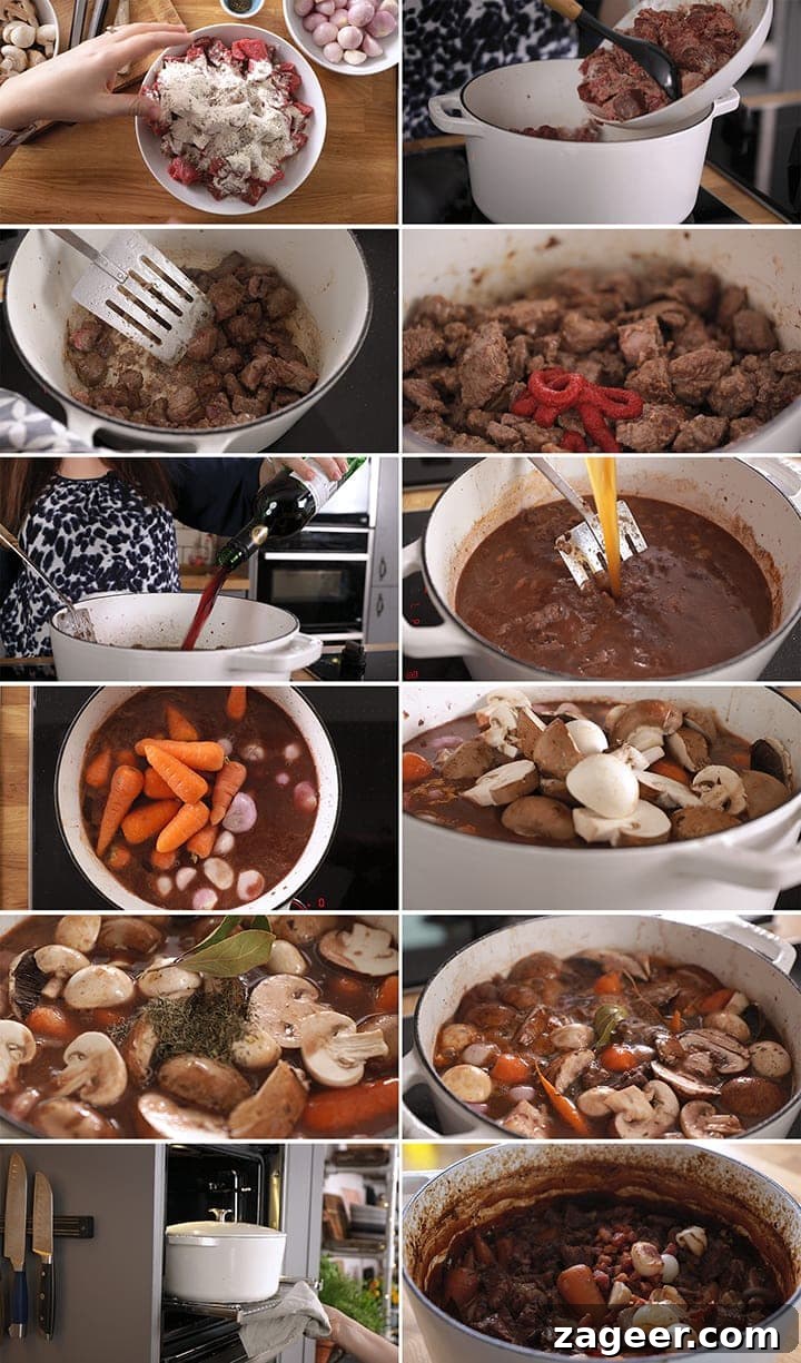Classic Beef Bourguignon Recipe: Tender Braised Beef in Red Wine 6 12 image collage showing the steps to make beef bourguignon