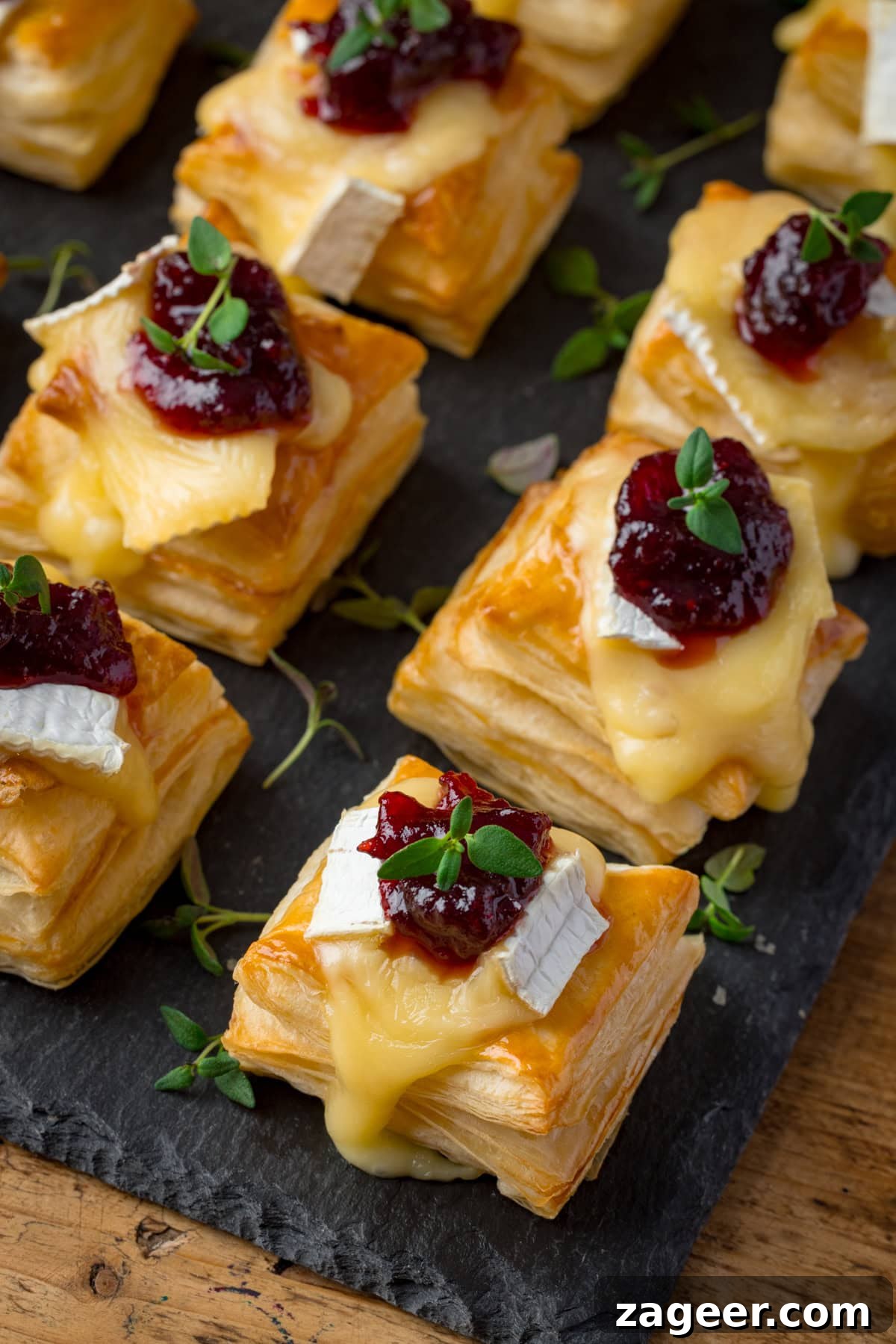 Cranberry and Brie Bites: Savory Holiday Appetizer Recipe 5 Small puff pastry squares topped with melted brie, cranberry sauce, and fresh thyme, arranged on a dark slate serving board.